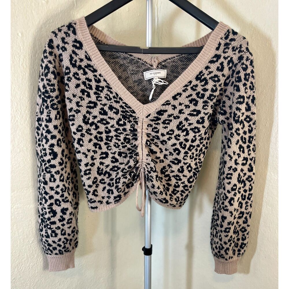 No Comment NY-LA Leopard Print V-Neck Sweater - Tan & Black - Size M